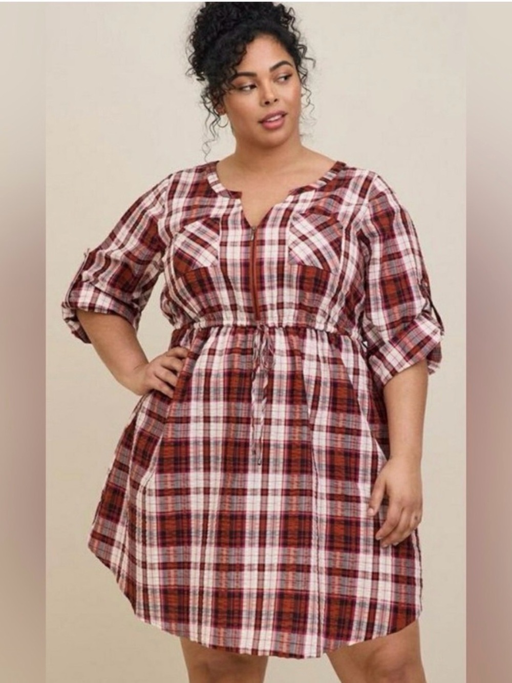 Womens Torrid Mini Challis Zip-Front Shirt Dress in Red Plaid